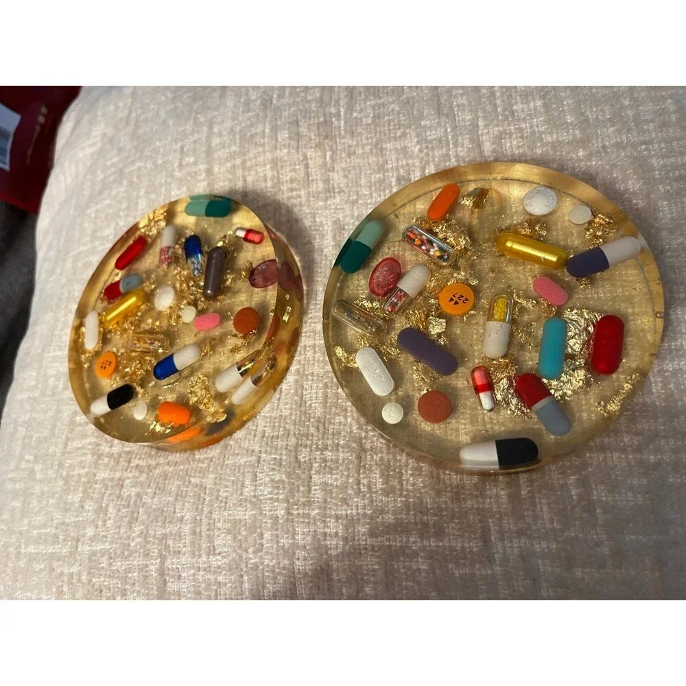 Vintage Clear Lucite Fun Pill & Gold leaf Drinks Coasters Great Gift Barware